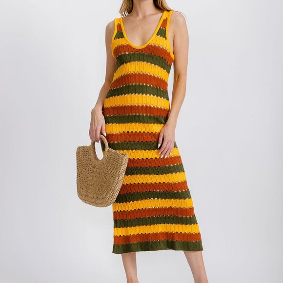 Open Knit Jersey Scoop Neckline Striped Hollow Out Tank Midi Dress Multicolor - Picture 1 of 14